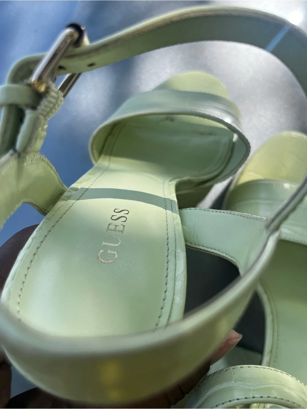Guess Pale Green Croc-Embossed Block Heel Sandals